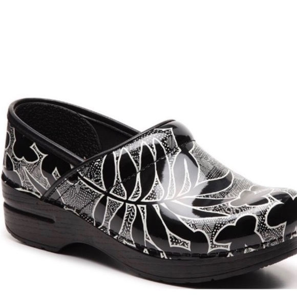 Dansko Professional Black & White Floral Patent Clog 37 6.5-7 Medical Doctor - Picture 1 of 16